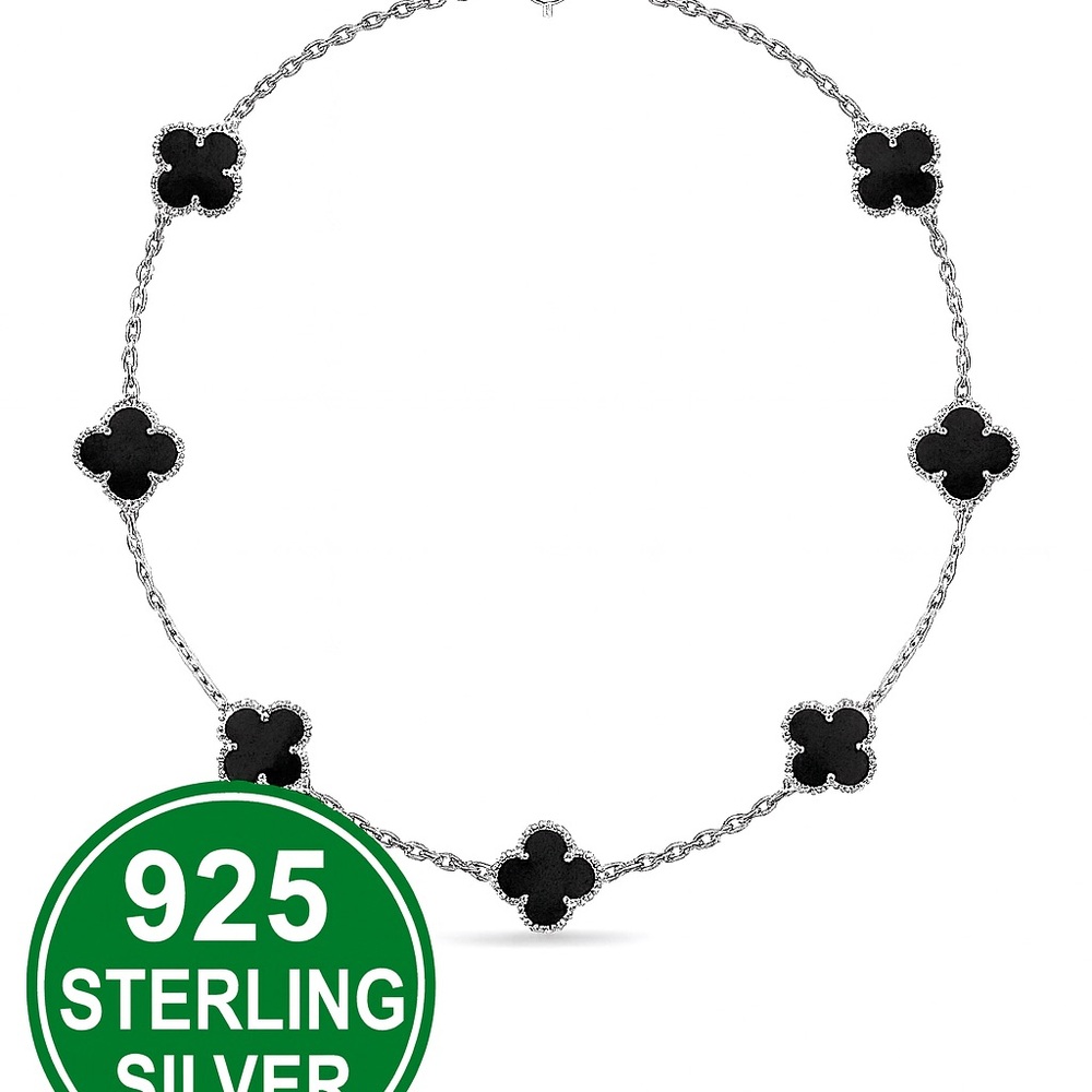 925 Sterling Silver Onyx Clover Station Necklace - Picture 5 of 7